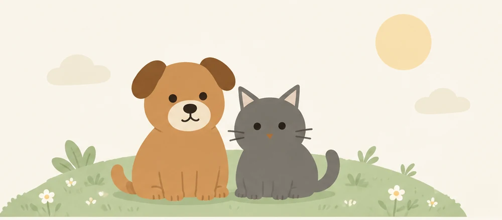 잔디 언덕 위에 나란히 앉은 강아지와 고양이 일러스트